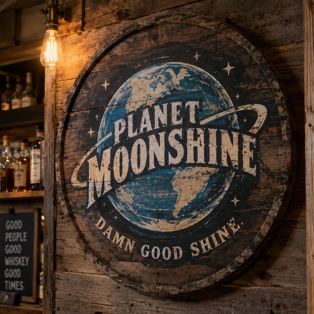 Planet Moonshine barrel-head wooden wall sign