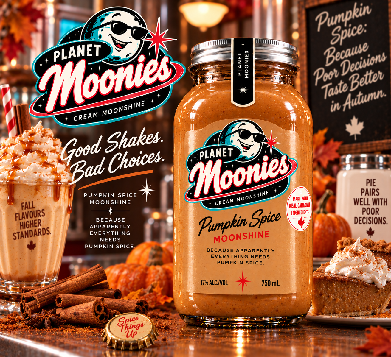 1950s diner advertisement for Planet Moonies Pumpkin Spice cream moonshine