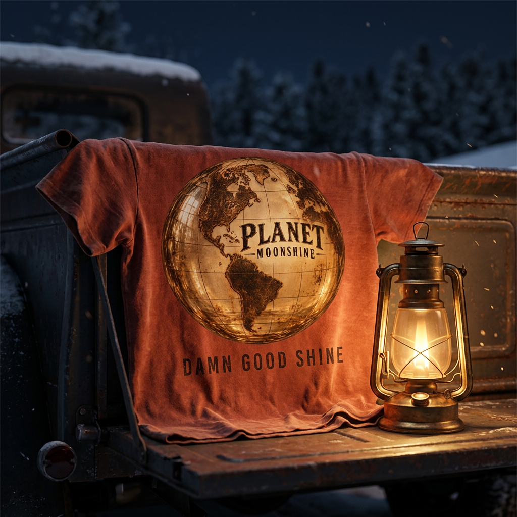 Rust Planet Moonshine globe logo t-shirt