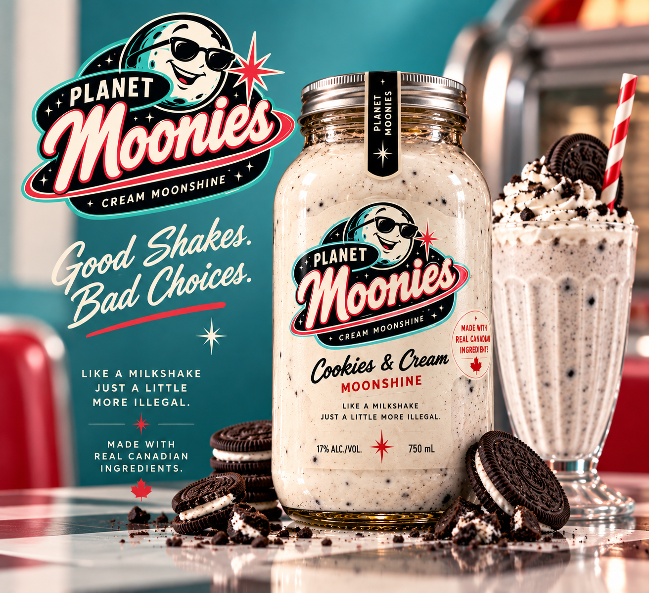 1950s diner advertisement for Planet Moonies Cookies & Cream cream moonshine