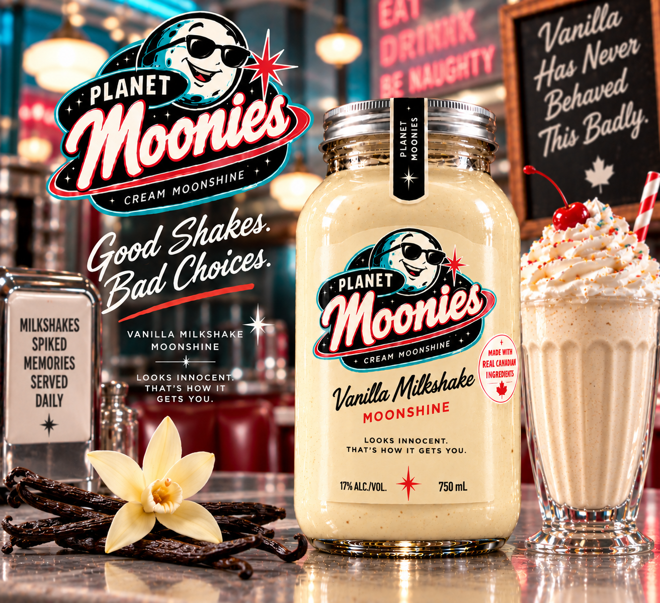 1950s diner advertisement for Planet Moonies Vanilla Milkshake cream moonshine