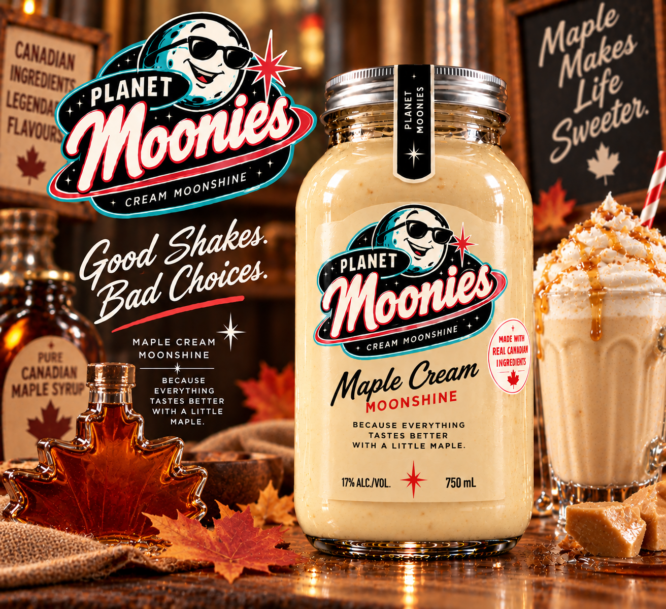 1950s diner advertisement for Planet Moonies Maple Cream cream moonshine