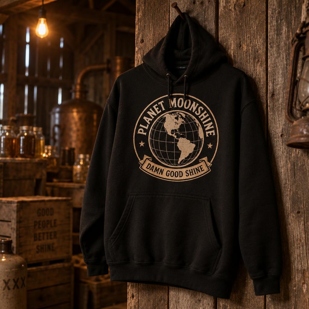 Black Planet Moonshine hoodie hanging in a barn