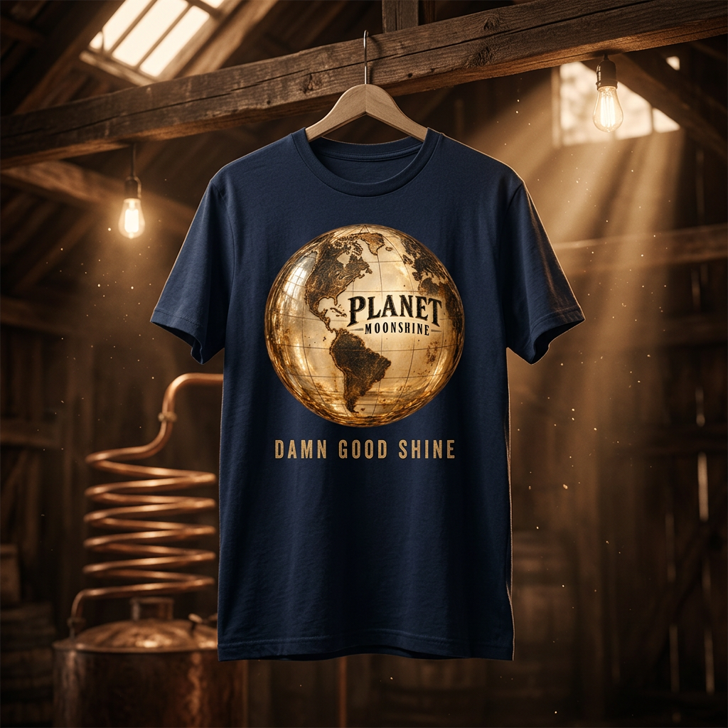 Navy Planet Moonshine globe logo t-shirt