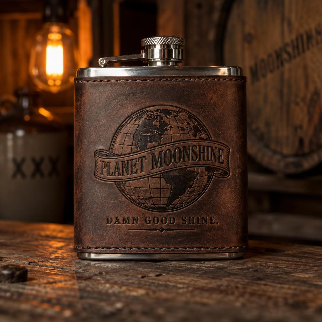 Leather-wrapped Planet Moonshine hip flask on barn wood