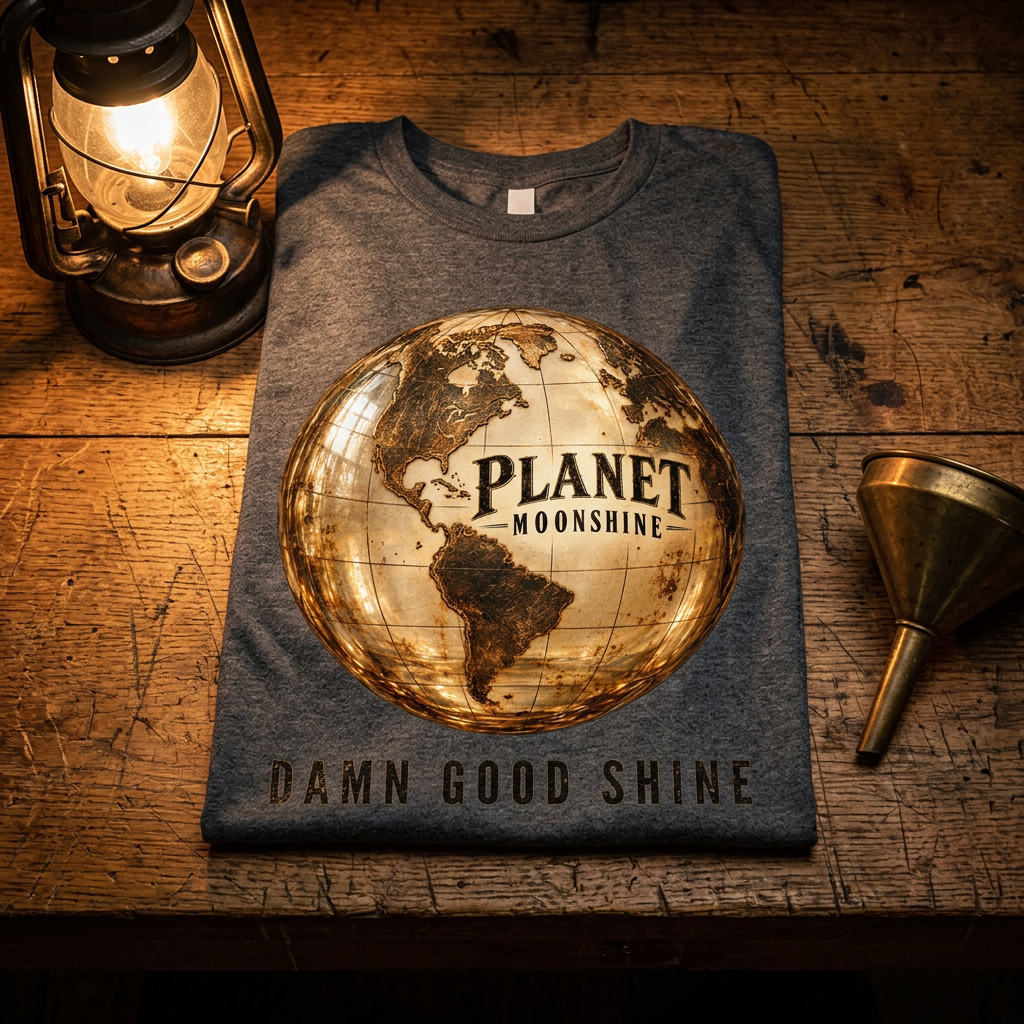 Charcoal Planet Moonshine globe logo t-shirt