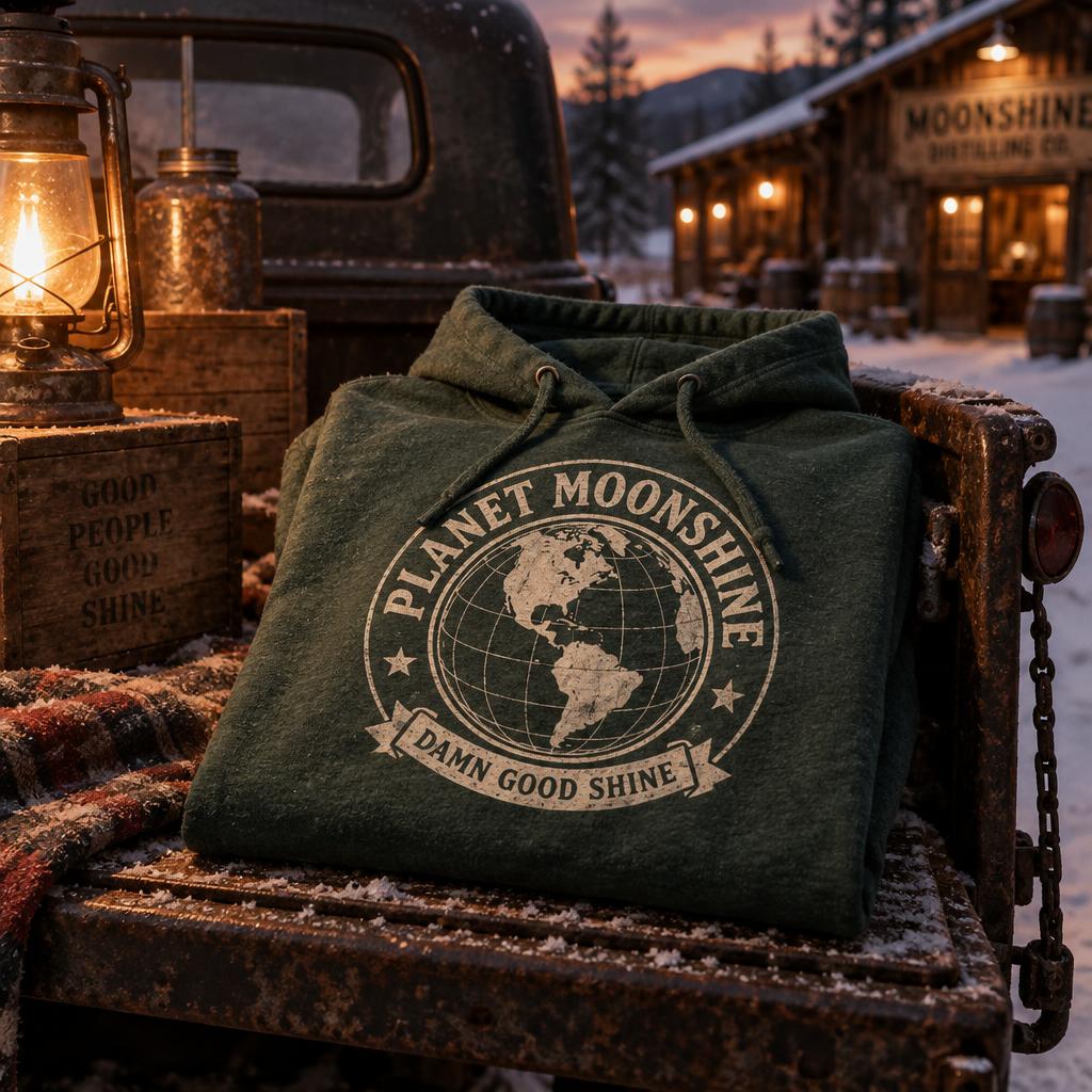 Green Planet Moonshine hoodie on a vintage truck tailgate