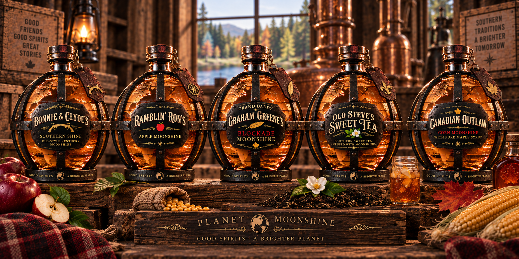The five Planet Moonshine globe bottles lined up in the distillery