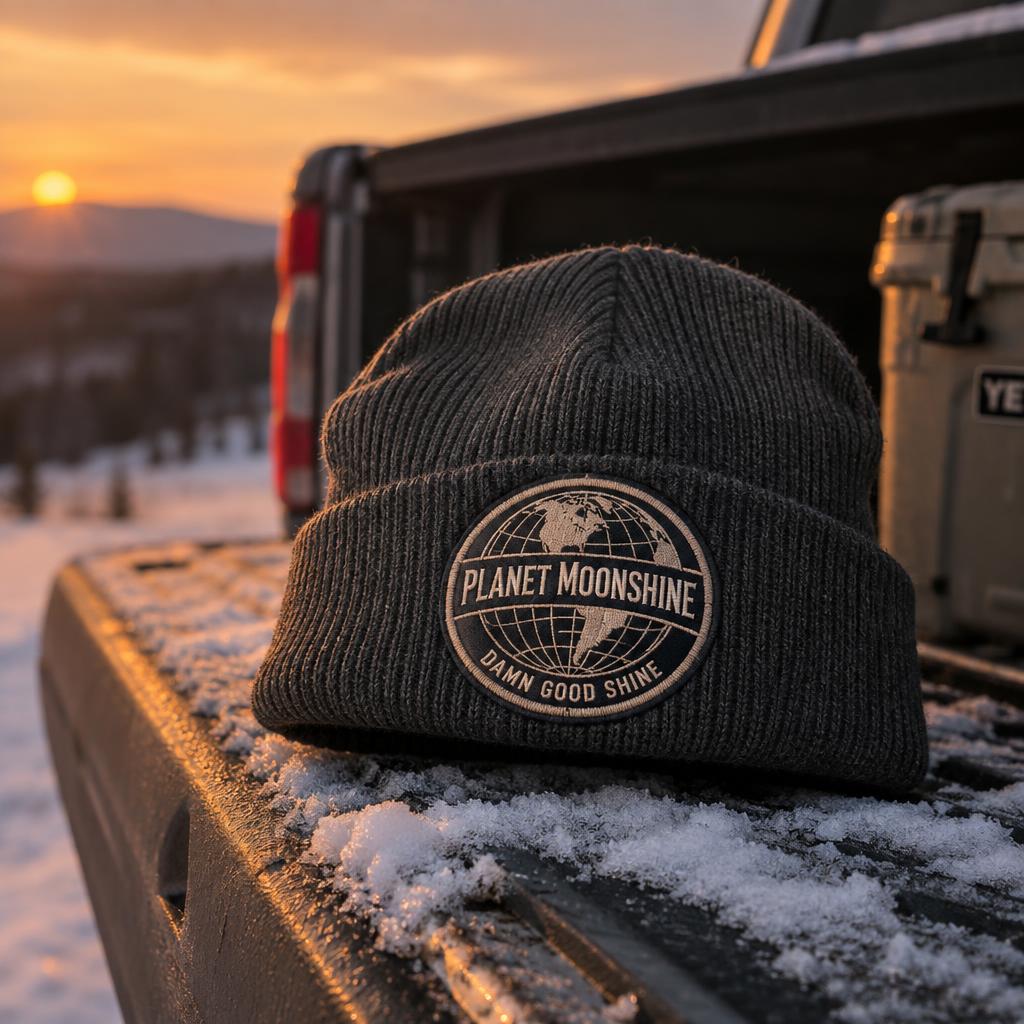 Charcoal Planet Moonshine knit beanie on a snowy tailgate