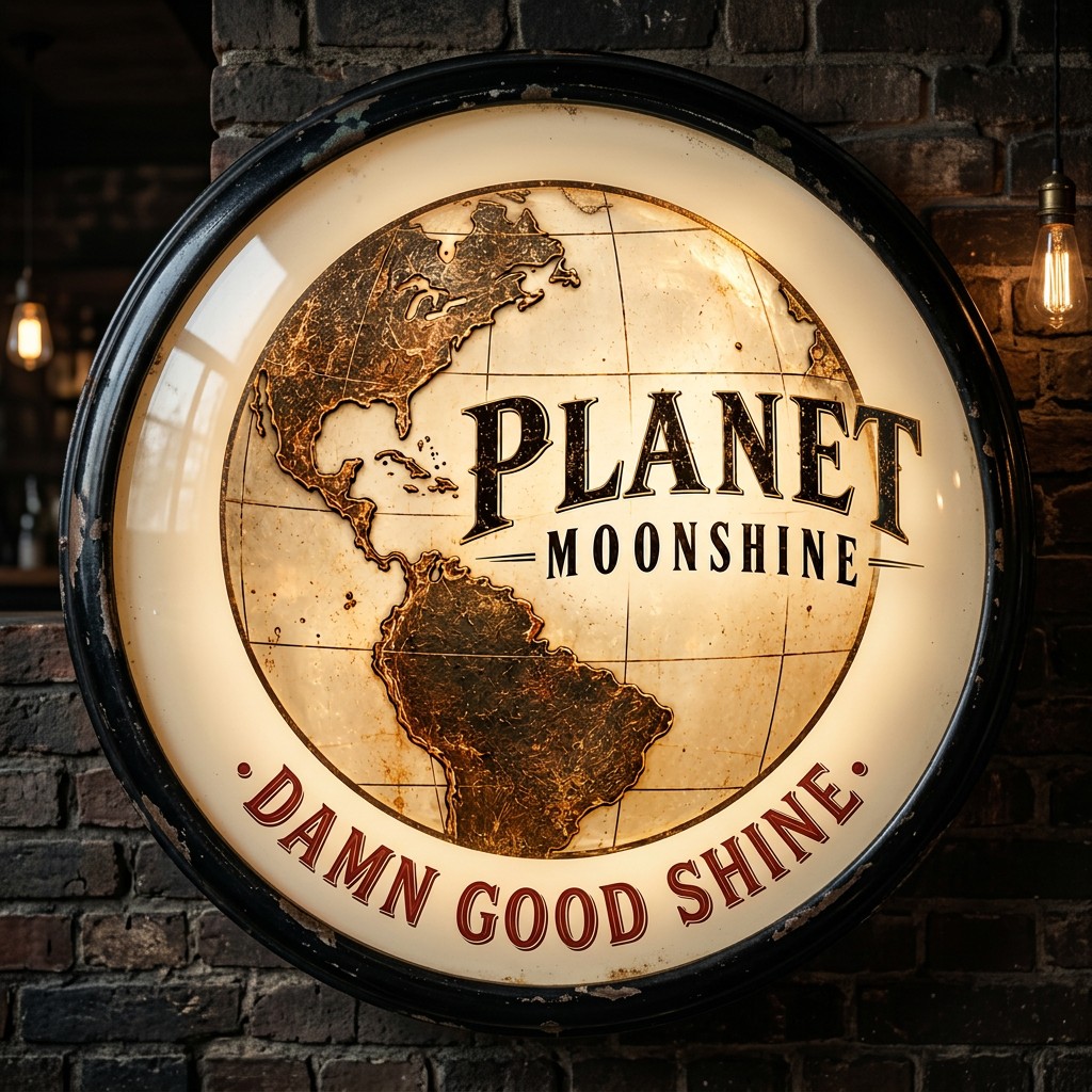 Round illuminated Planet Moonshine tavern sign on a brick wall