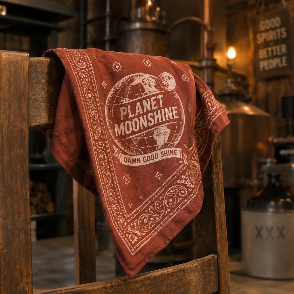 Rust Planet Moonshine bandana in a still house