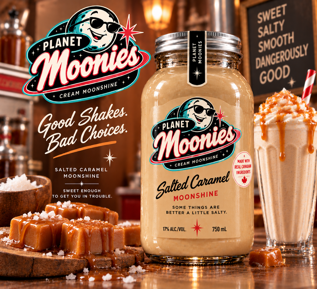 1950s diner advertisement for Planet Moonies Salted Caramel cream moonshine
