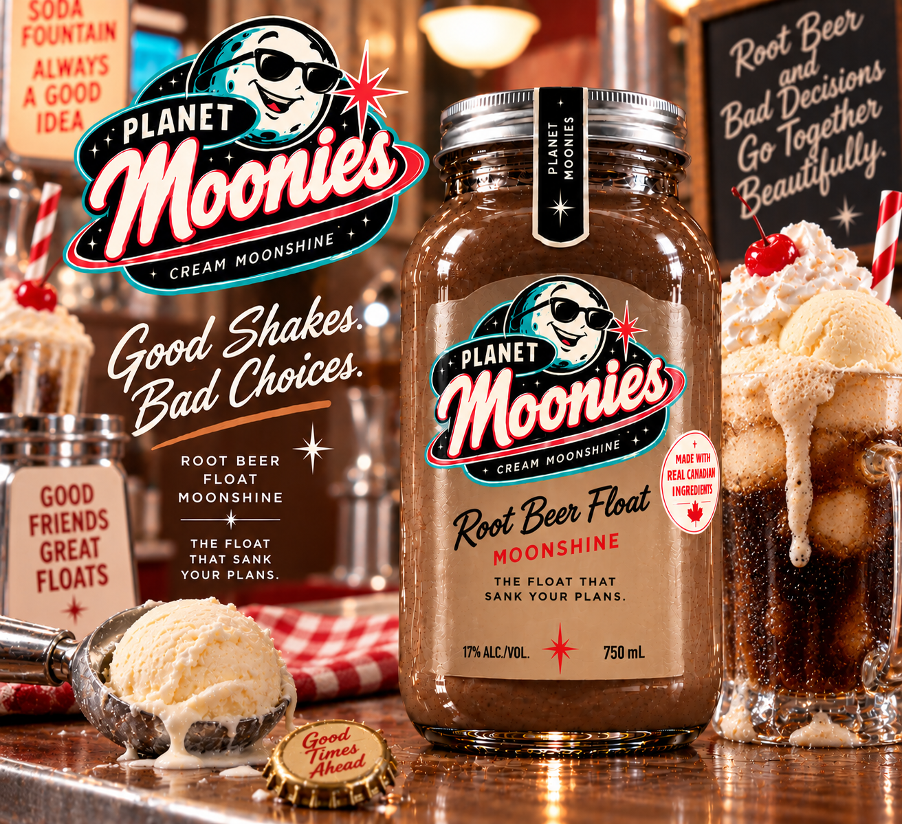 1950s diner advertisement for Planet Moonies Root Beer Float cream moonshine