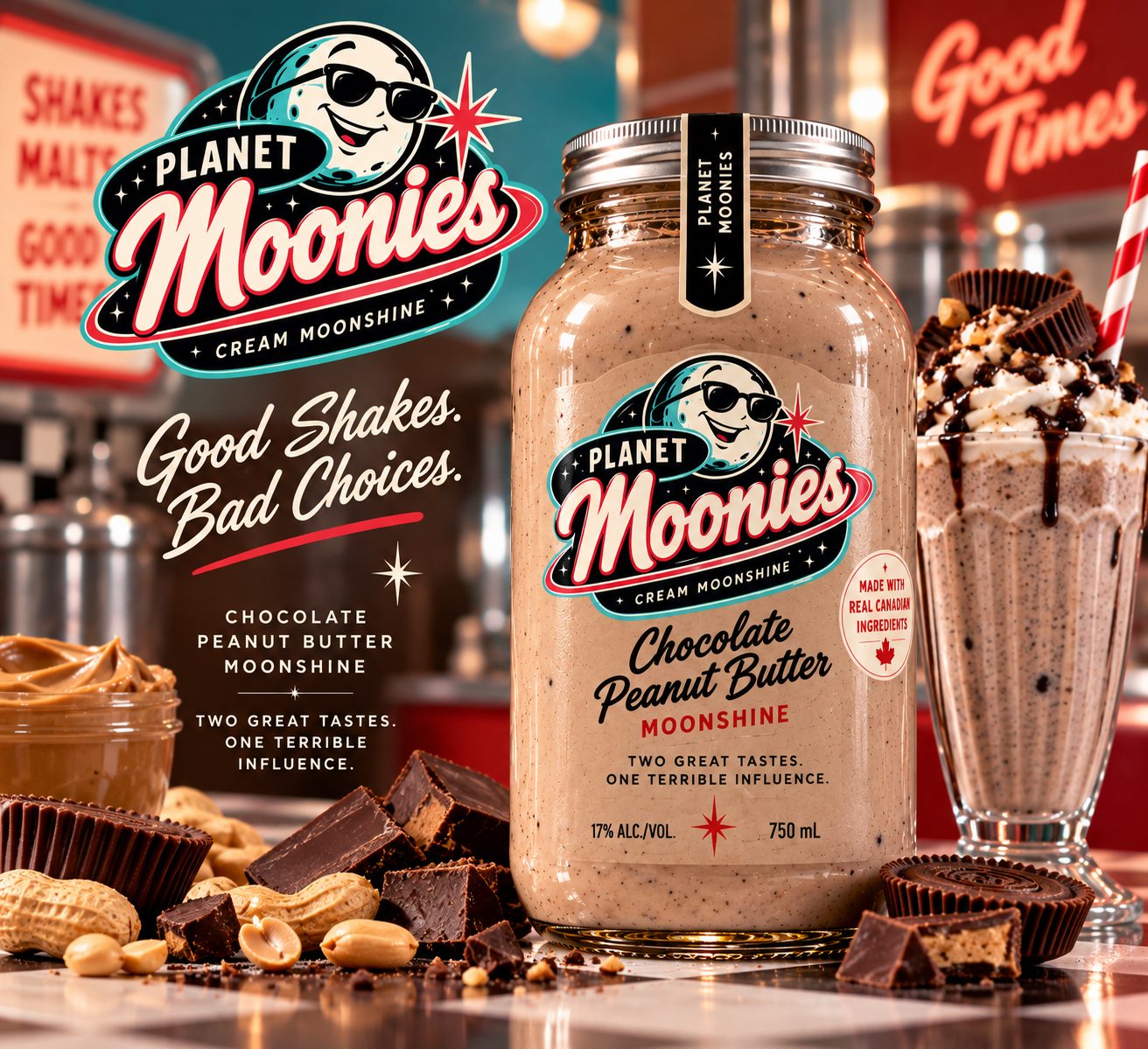 1950s diner advertisement for Planet Moonies Chocolate Peanut Butter cream moonshine