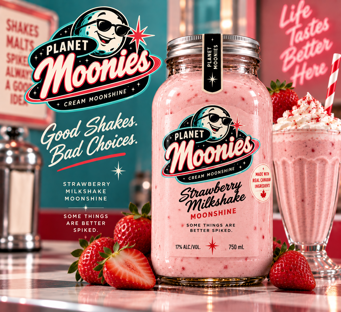 1950s diner advertisement for Planet Moonies Strawberry Milkshake cream moonshine
