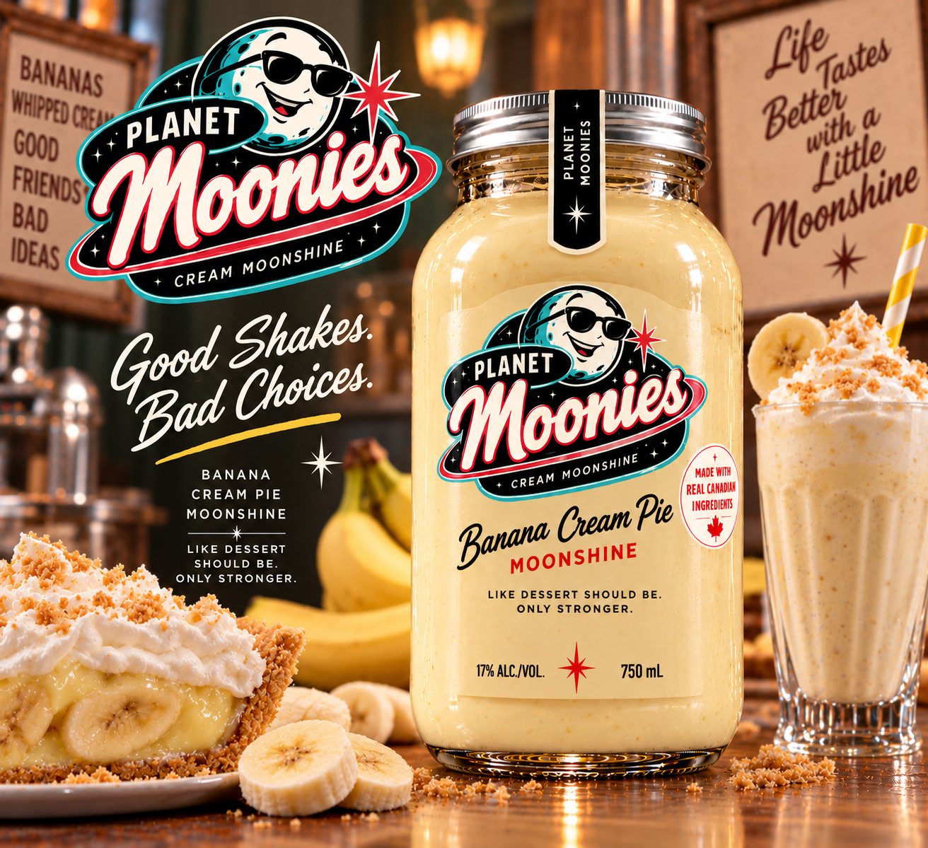 1950s diner advertisement for Planet Moonies Banana Cream Pie cream moonshine