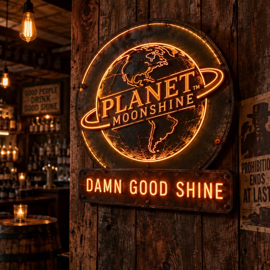 Planet Moonshine amber neon globe sign glowing on a barn-wood wall