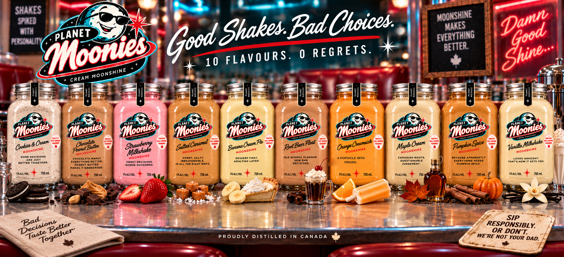 Planet Moonies cream moonshine wide group shot — all ten flavours lined up in a 1950s diner
