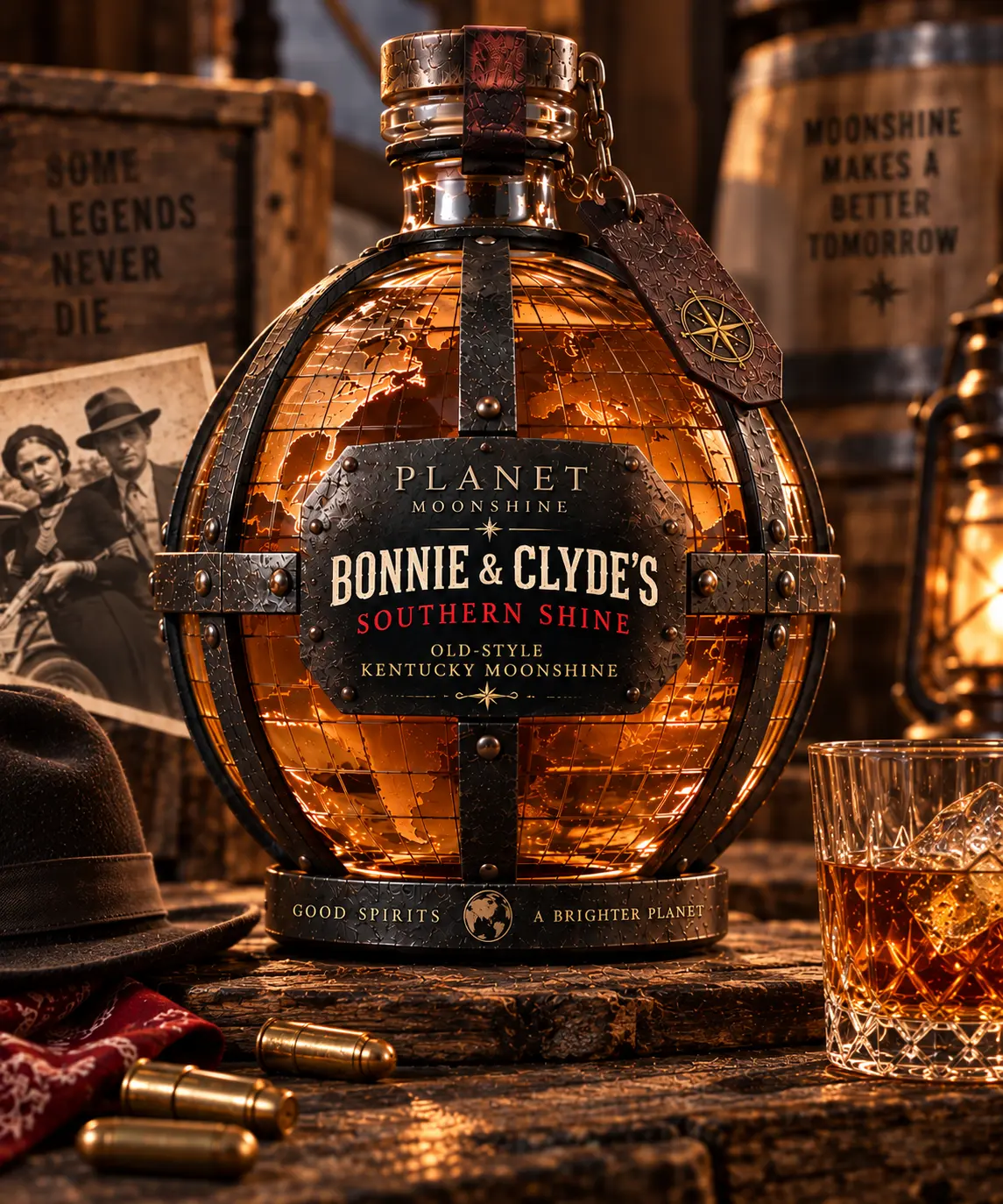 Bonnie & Clyde's Southern Shine globe bottle with vintage photograph and revolver