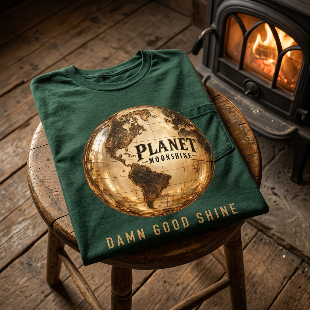 Forest green Planet Moonshine globe logo t-shirt
