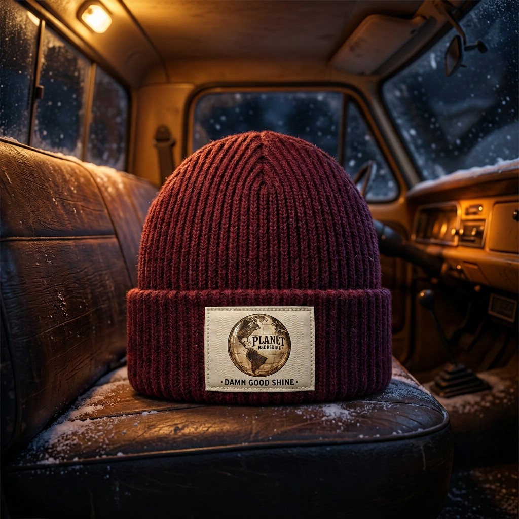 Burgundy Planet Moonshine knit beanie in a snowy truck cab