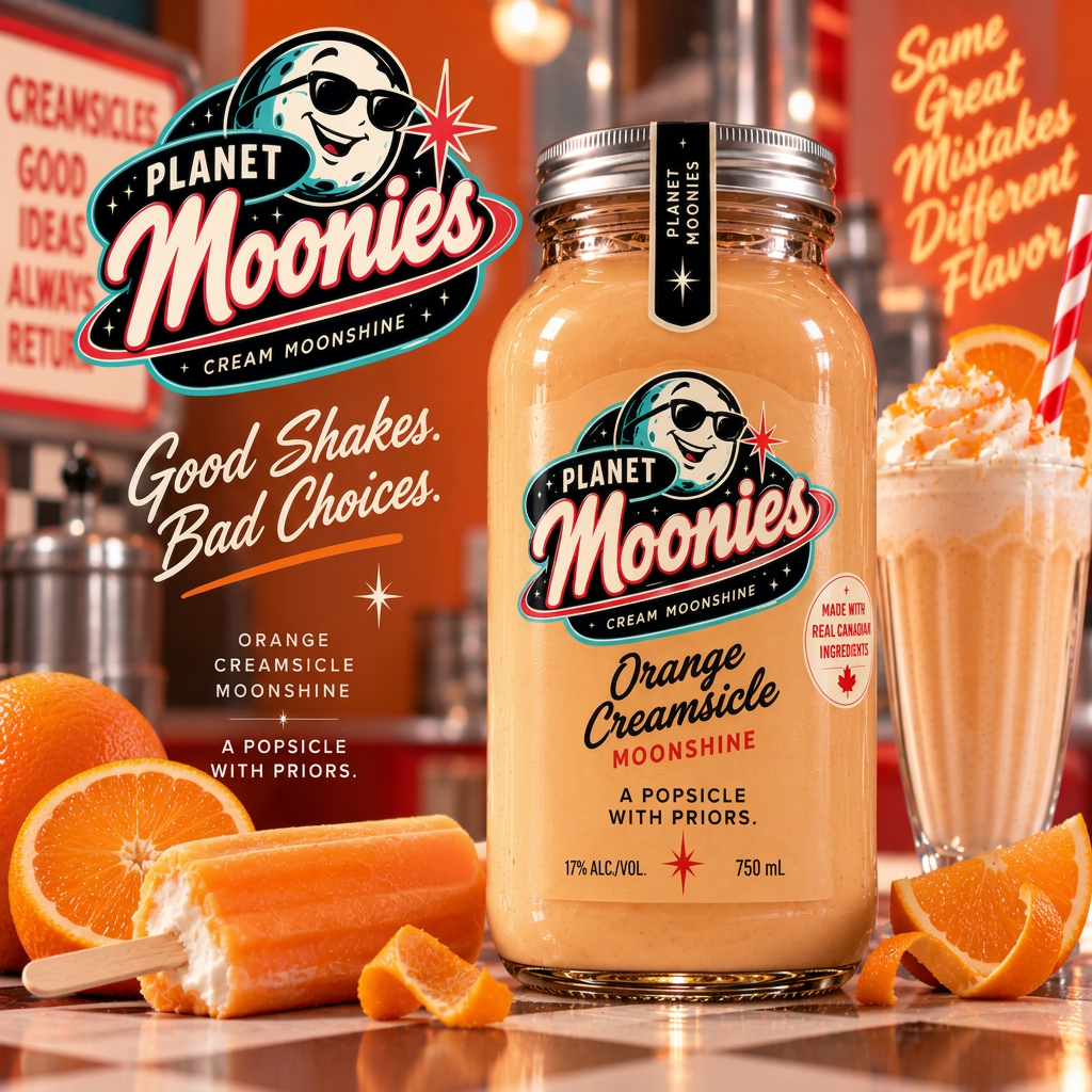 1950s diner advertisement for Planet Moonies Orange Creamsicle cream moonshine