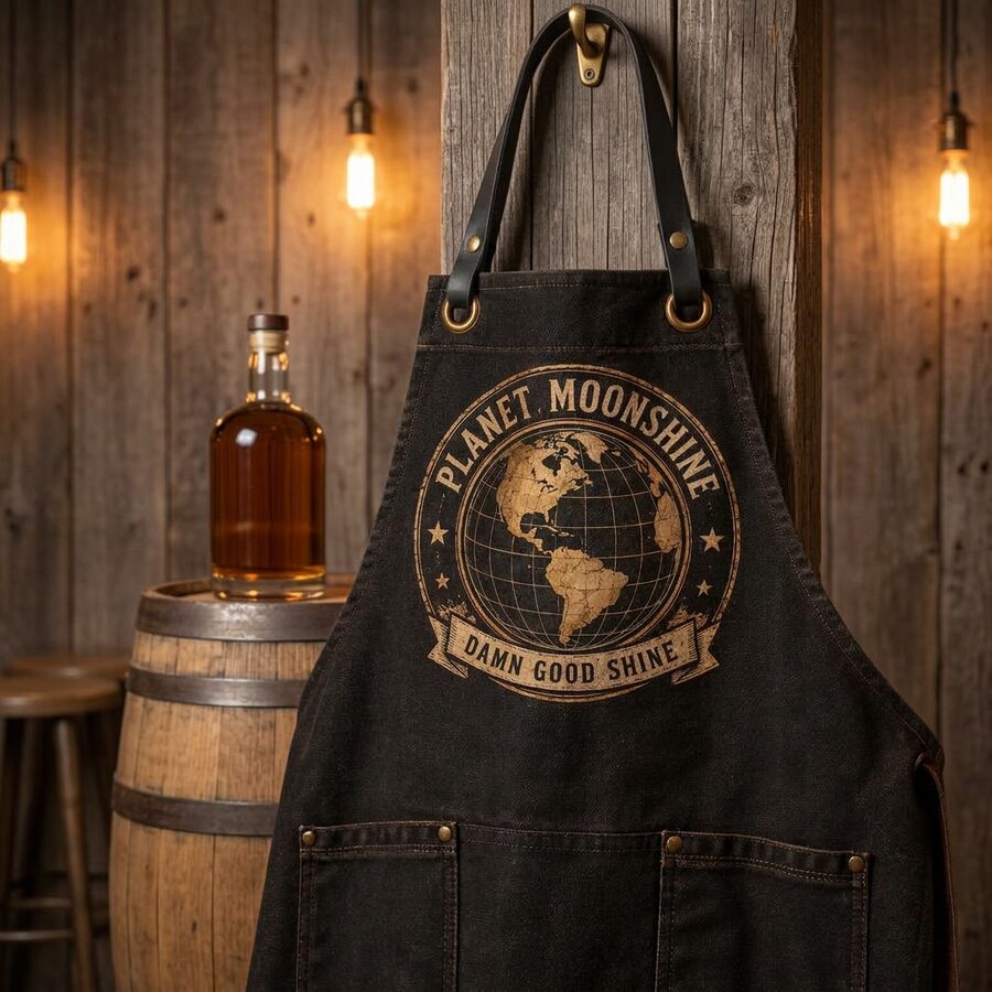Charcoal Planet Moonshine canvas apron with globe emblem hanging on a barn-wood post