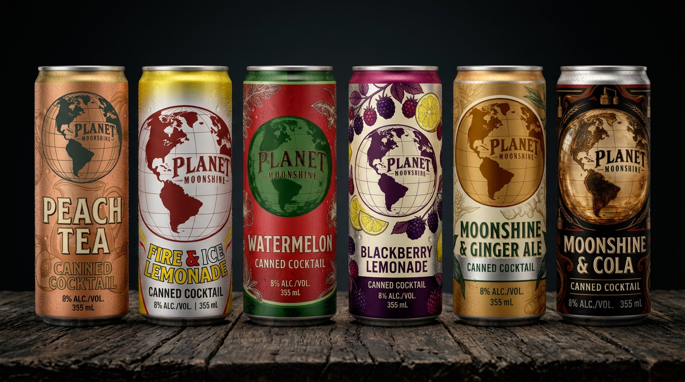The six Planet Moonshine canned cocktails lined up on a dark wooden bar