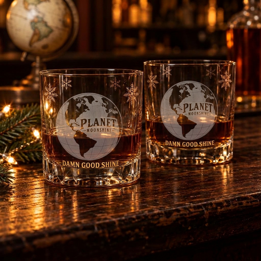 Pair of Planet Moonshine Christmas whiskey tumblers with snowflakes