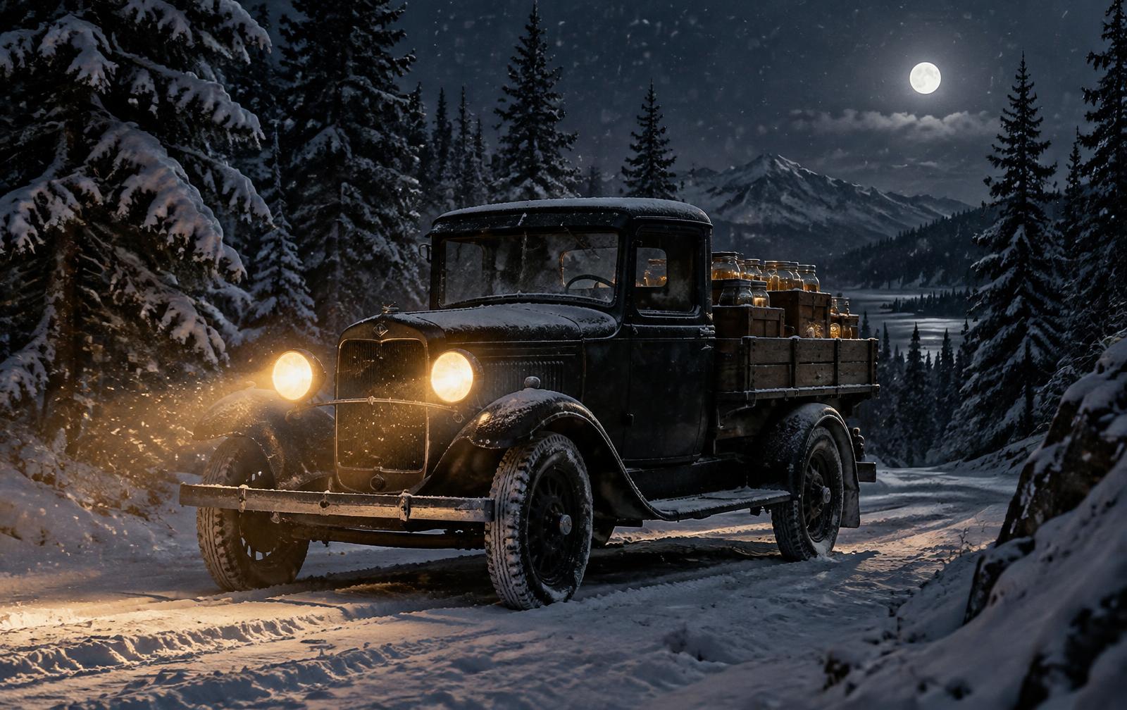 A loaded 1930s truck on a snow-covered northern road at night