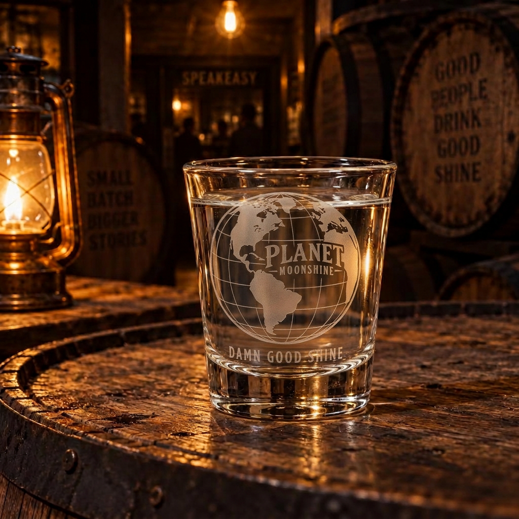 Planet Moonshine shot glass on a barrel top