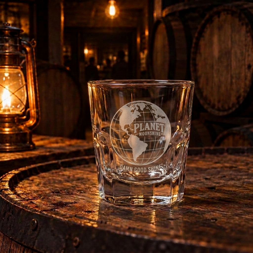 Wide faceted Planet Moonshine shot glass on a barrel top